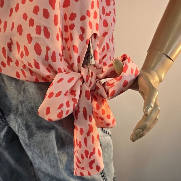 VINCE CAMUTO Animal Print Puff Sleeve Tangerine Blouse Sash Tie Womens Sz XS - Picture 3 of 11